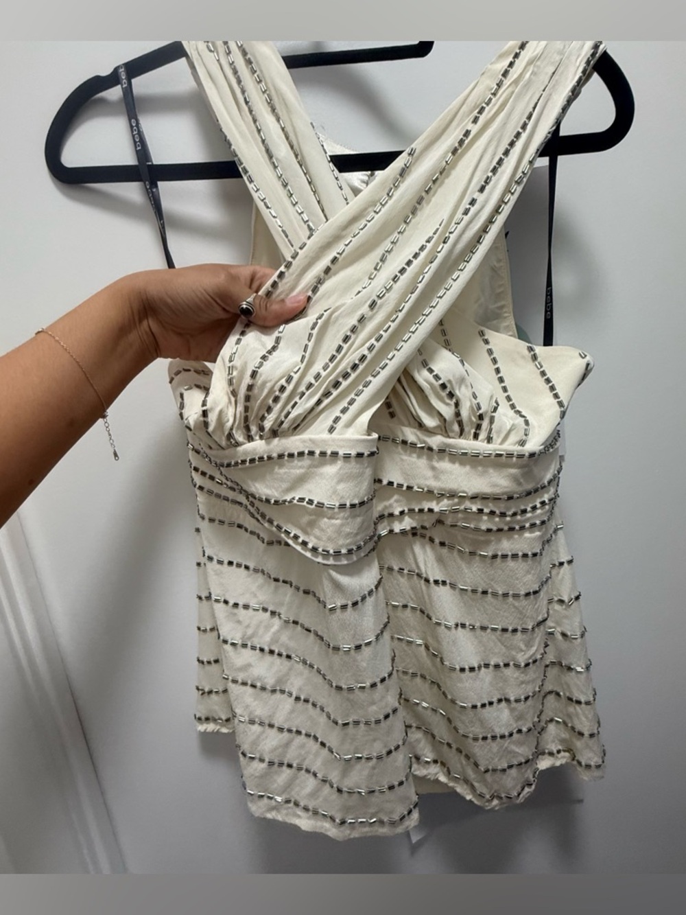Bebe Ivory Silk Beaded Halter Blouse - Criss-Cross Silk Top - Size L